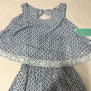 Blue and White Lace Girls Small Dress copper key